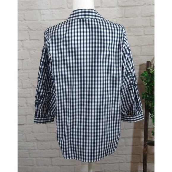 E Karl Lagerfeld Blue White Gingham Plaid Cottage Embroidered Top Shirt NWT S - Picture 5 of 9